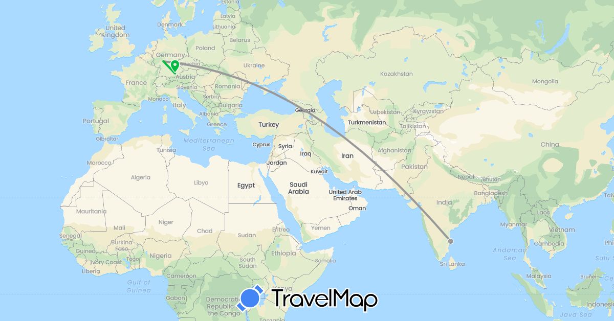 TravelMap itinerary: driving, bus, plane in Germany, India (Asia, Europe)